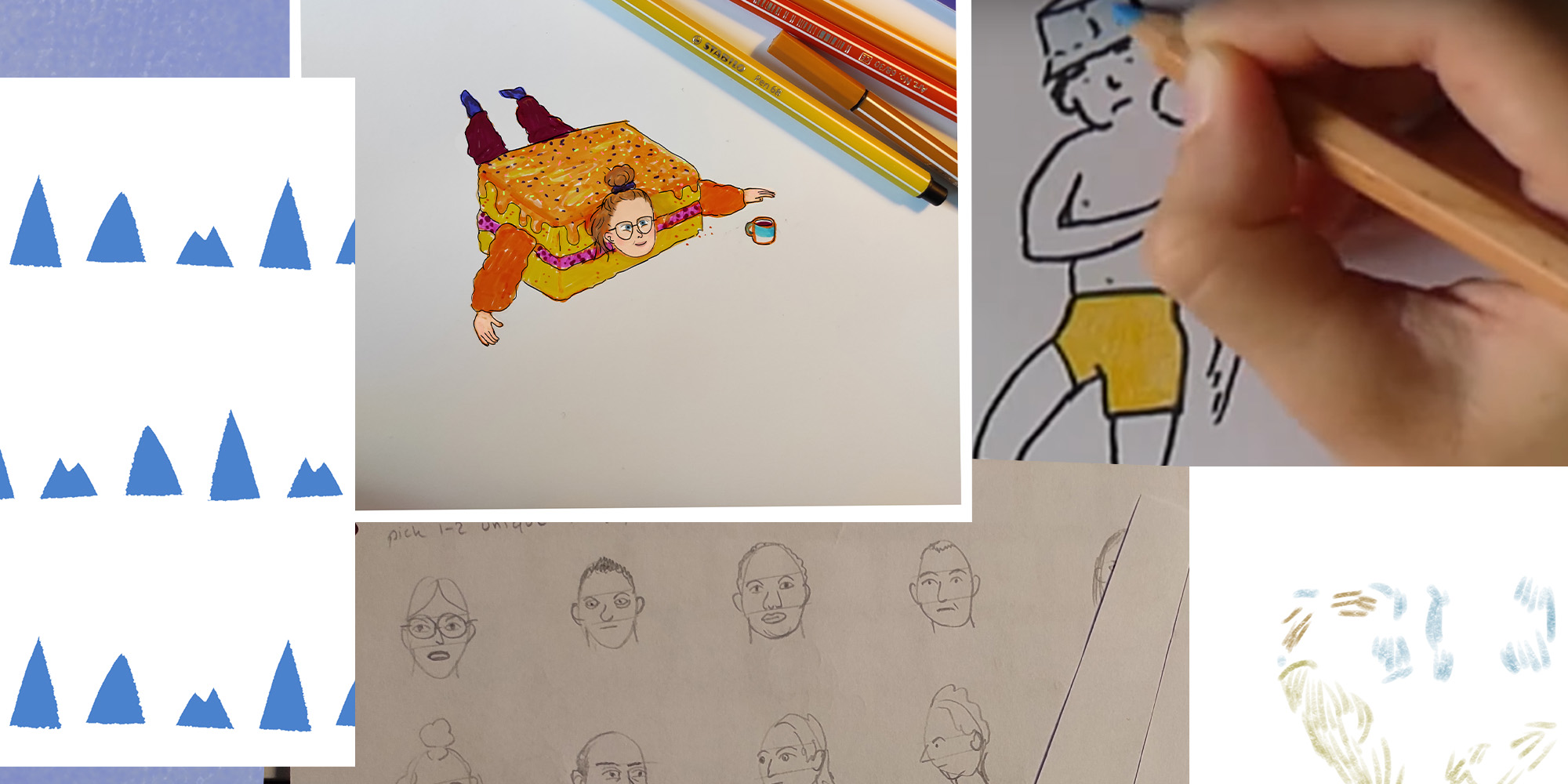 tegneøvelser kursus flere tegninger blyanter og farve - johanne vejrup nielsen
