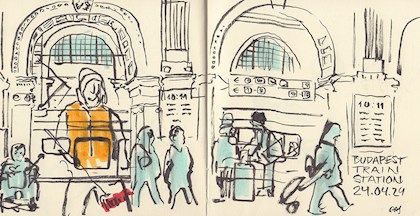 Skitse af Budapests togstation (tegnet af Rasmus Julius i 2024)