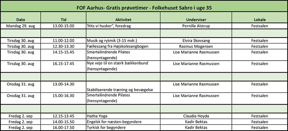 Oversigt over gratisprøvetimer ved FOF Aarhus i Sabro