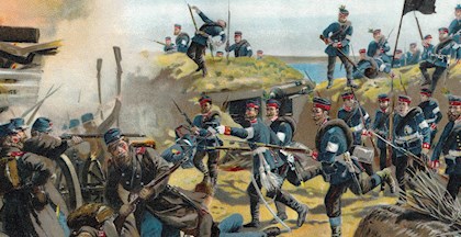 Detalje af maleri af slagmarken ved Dybbøl  i 1864.
