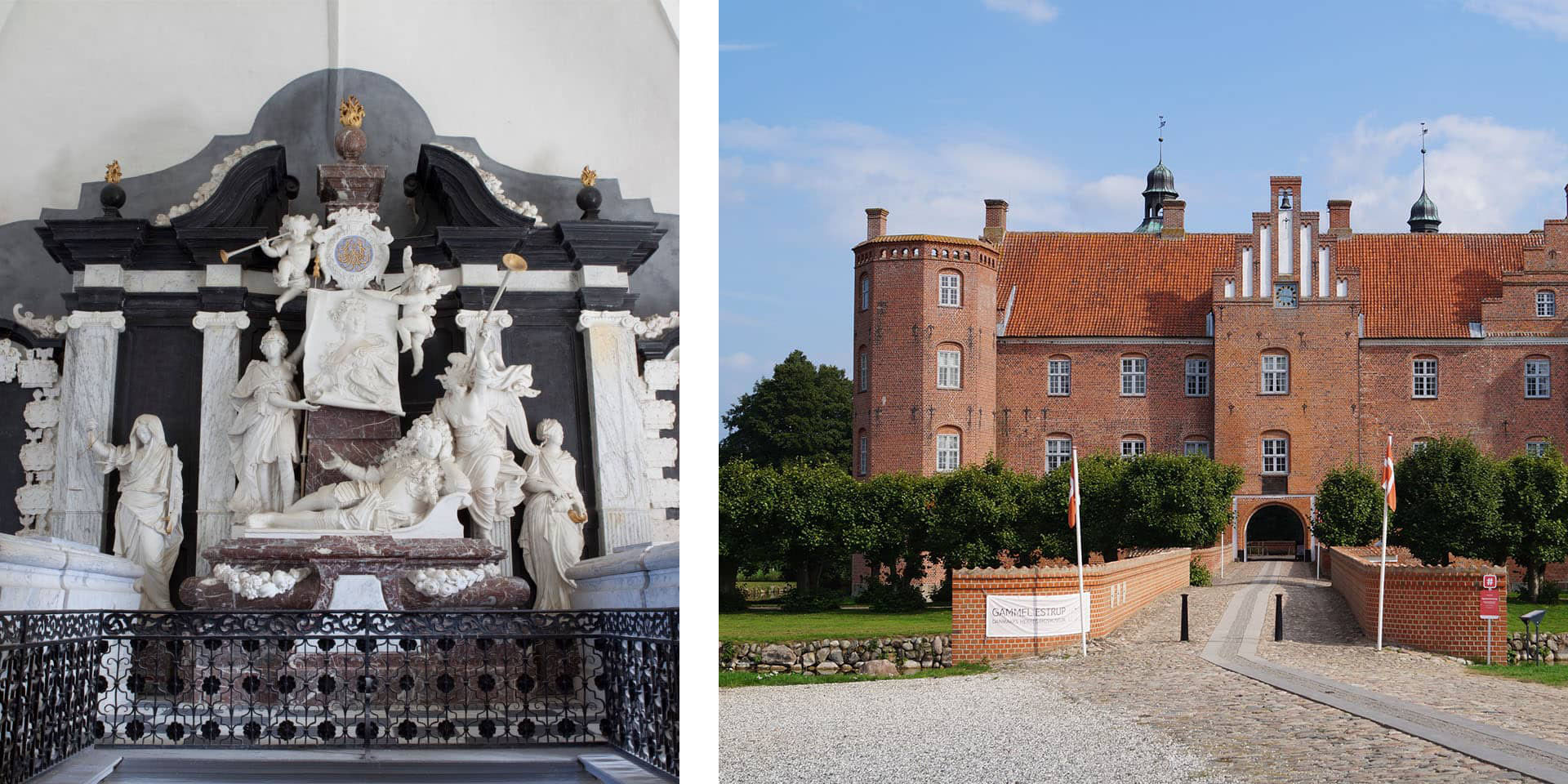 Billedfrise fra Auning kirke og Gl. Estrup Herregård. Foto fra Auning kirke: Ann Malmgren. Herregårdstur med FOF Aarhus.