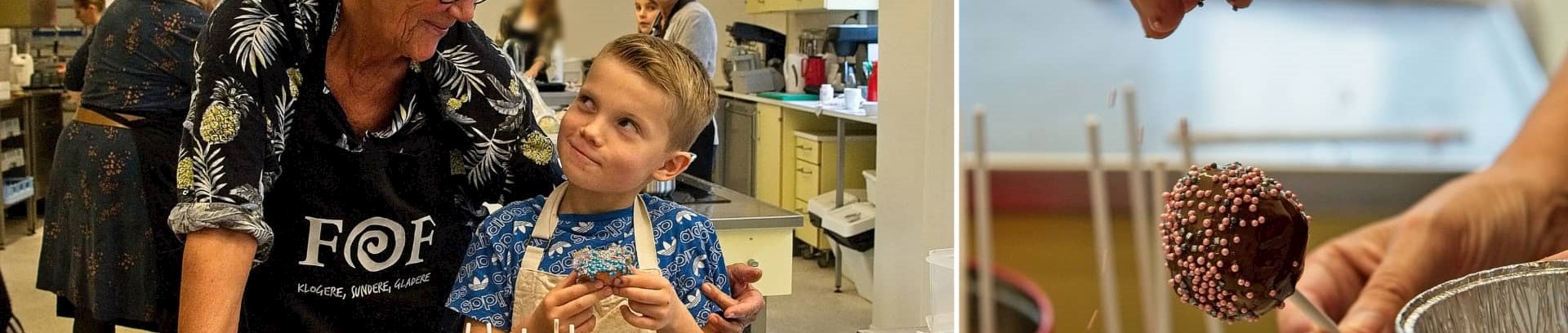 Børn og voksne i køkkenet, cupcakes og lollipops, bagekursus i FOF Aarhus