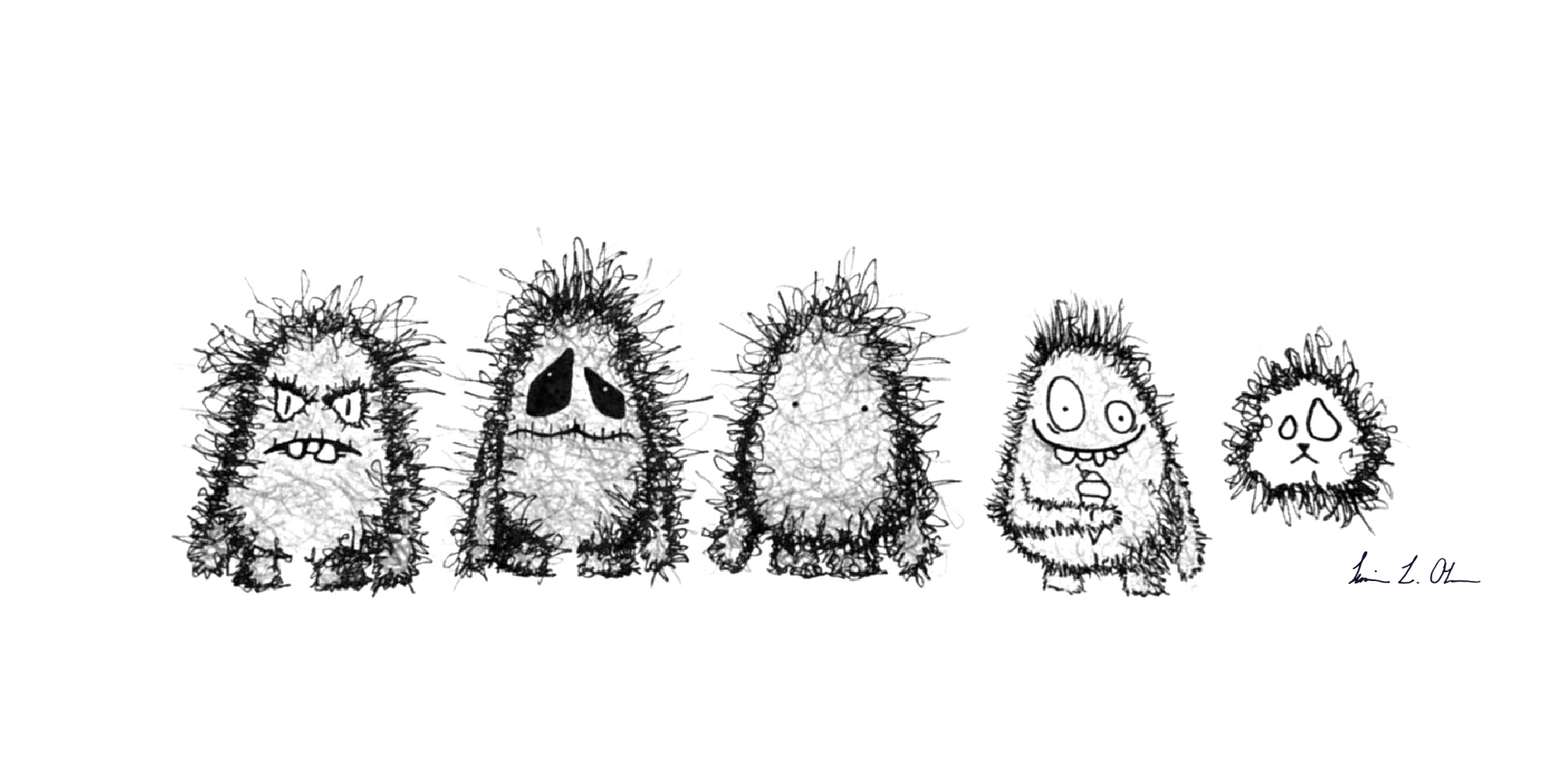 Tegning af monstre af Illustrator Louise Lund Olesen