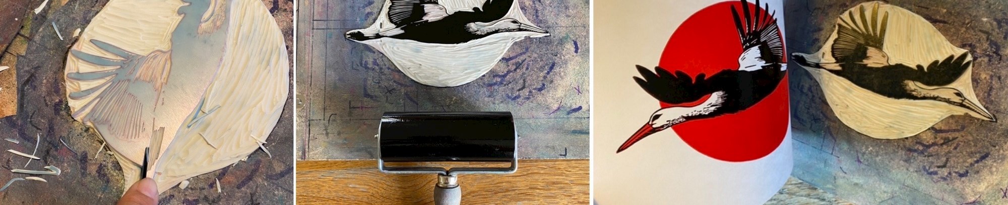 Lav flerfarvet linoleumstryk hos FOF København – foto fra underviser Pernille Sand