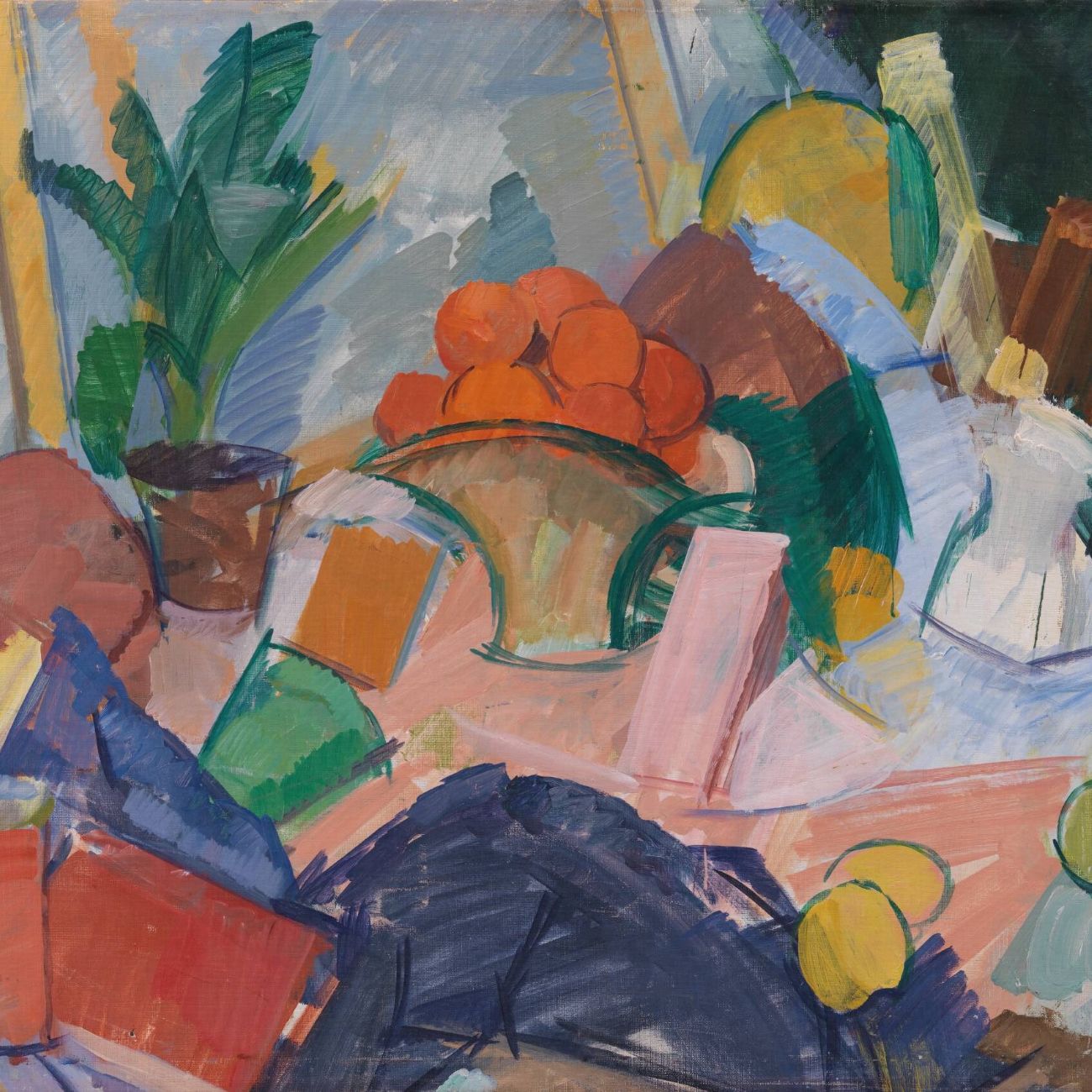 Edvard Weie: Opstilling med en blomsterkurv med appelsiner, 1923