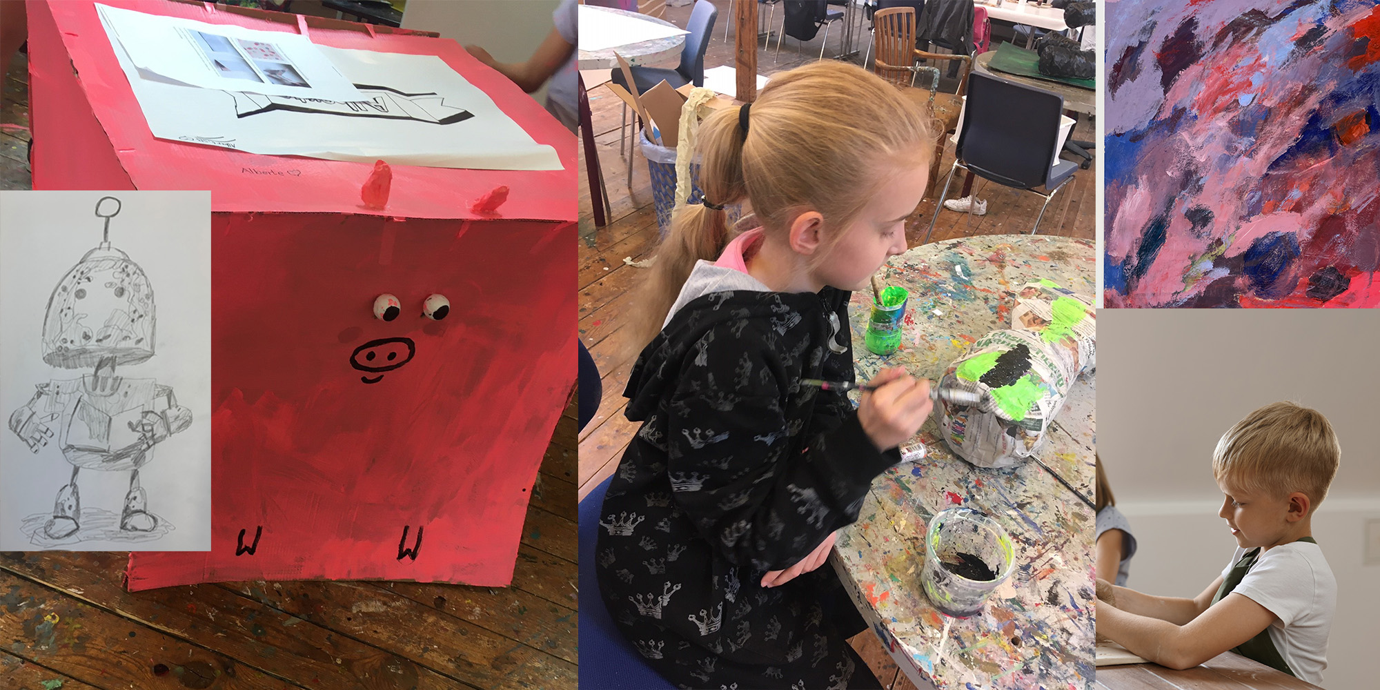 Kunstlab - kreativt kursus for børn i Randers - FOF - tegning maleri m.m. for børn 8-12 år i Malersalen