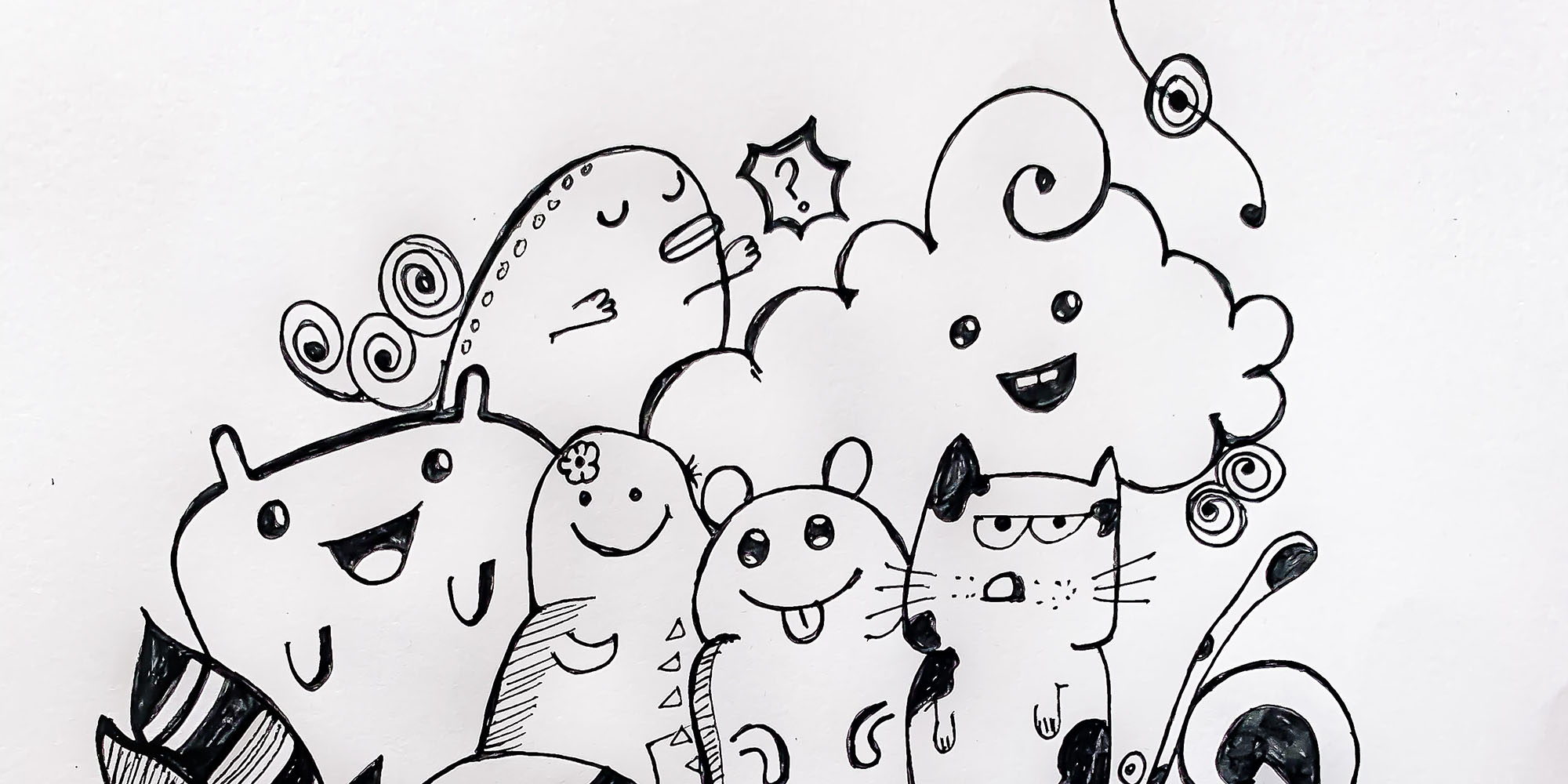 tegning af dyr i sorthvid doodlestil