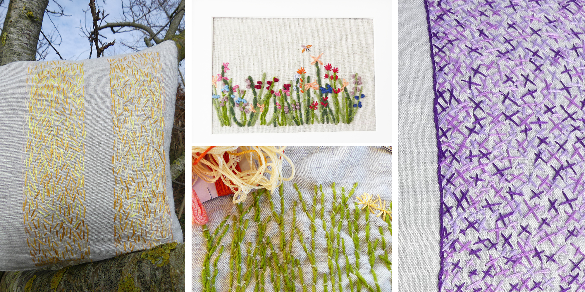 Broderi - billedcollage med flere broderede ting, puder og blomstermønster - kursus i broderi ved FOF i Randers
