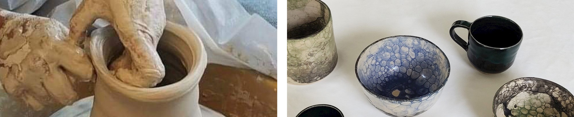 2 fotos fra Anette Filtenborgs keramikværksted i Tvede ved Randers. Keramik drejes til en vase og færdige værker, krus og skåle står på et bord.