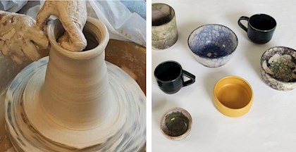 2 fotos fra Anette Filtenborgs keramikværksted i Tvede ved Randers. Keramik drejes til en vase og færdige værker, krus og skåle står på et bord.