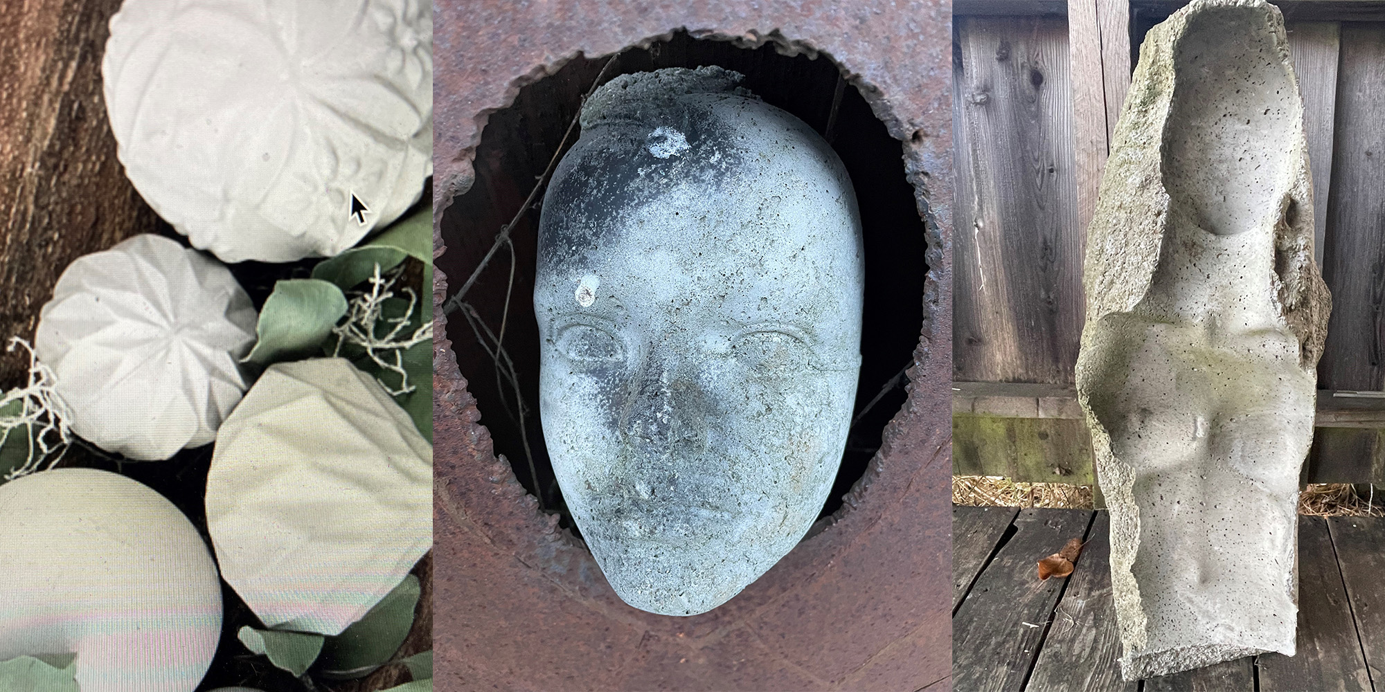 Skulptur værksted FOF Randers Peter Knøss - 3 billeder sat sammen med skulpturer i beton, former og ansigt og krop