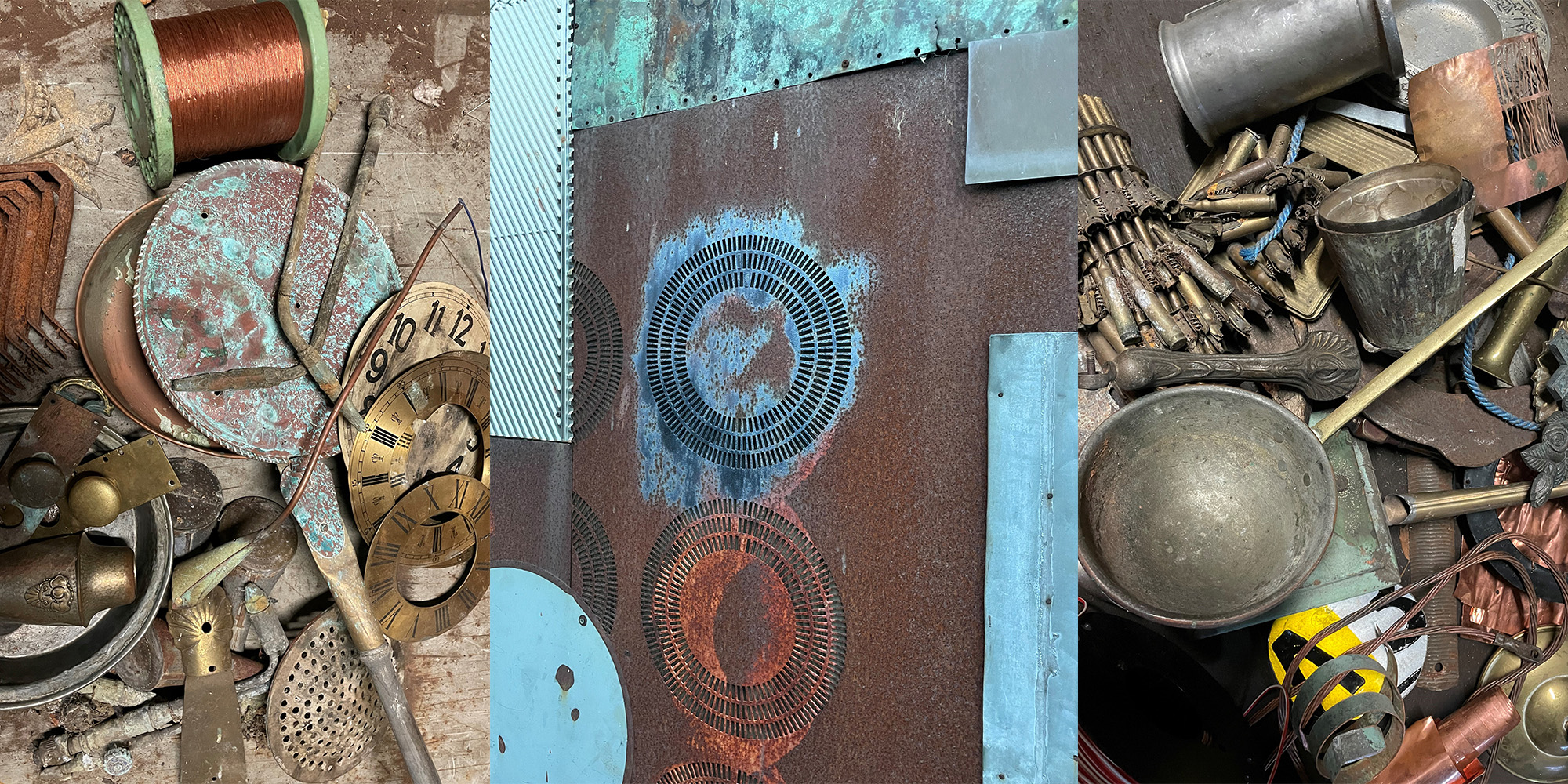 3 fotos til kurset Skulptur værksted FOF Randers Peter Knøss - skrot i metal og andre materialer og flere farver