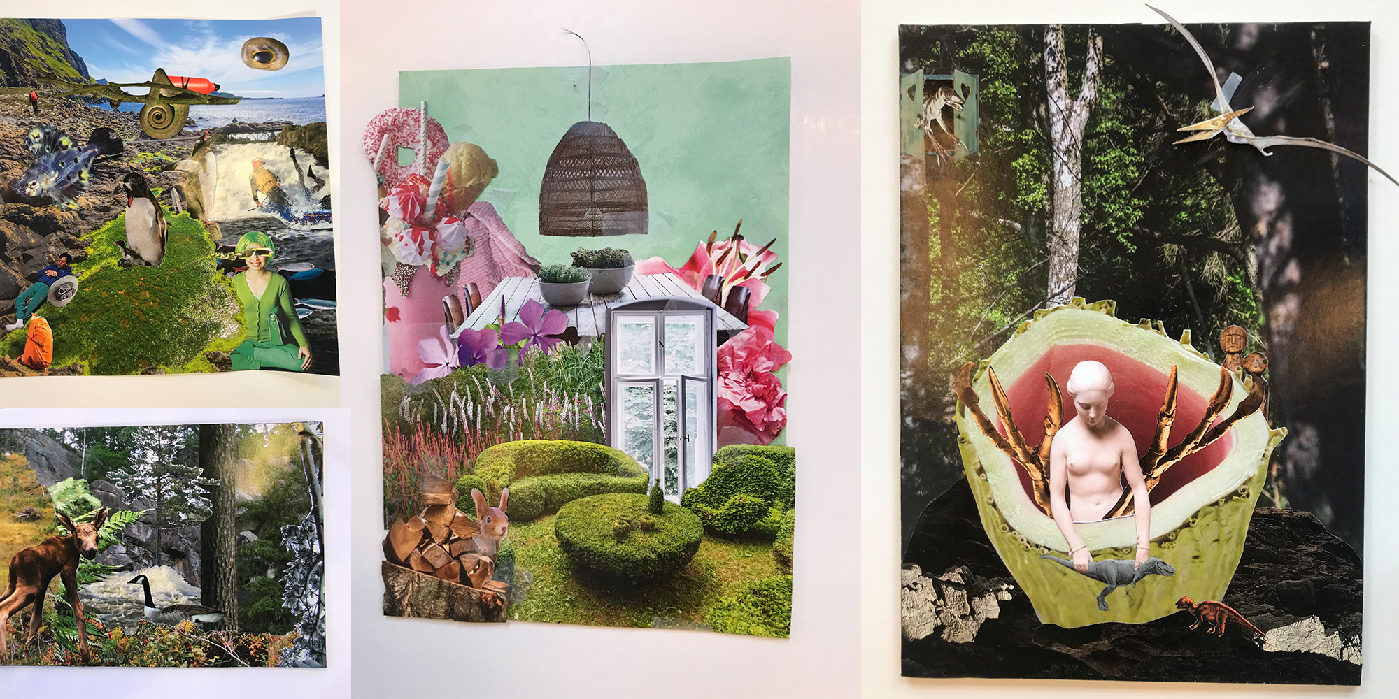 En collage af collager - lavet af FOF-kursister på workshop i 2022