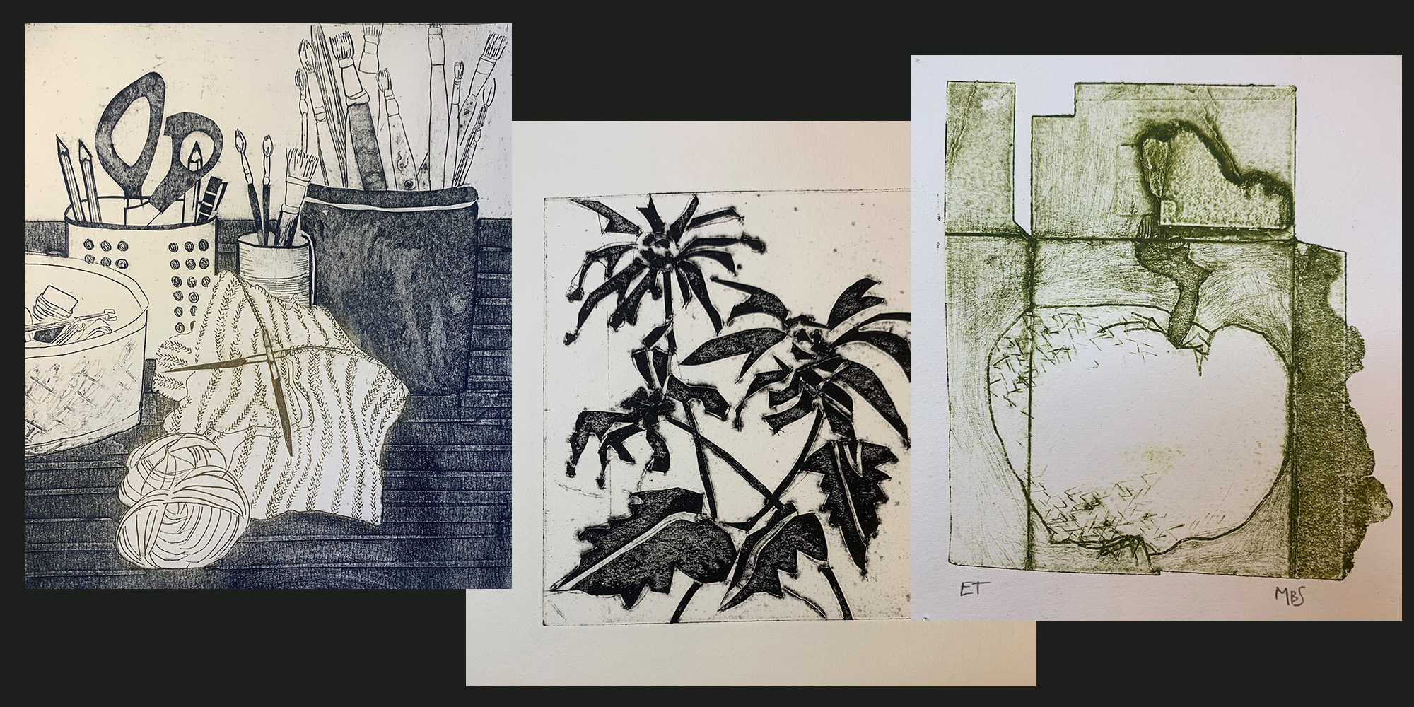 grafisk tryk collografi 3 billeder - kursus hos FOF med Marianne Bastholm Schmidt