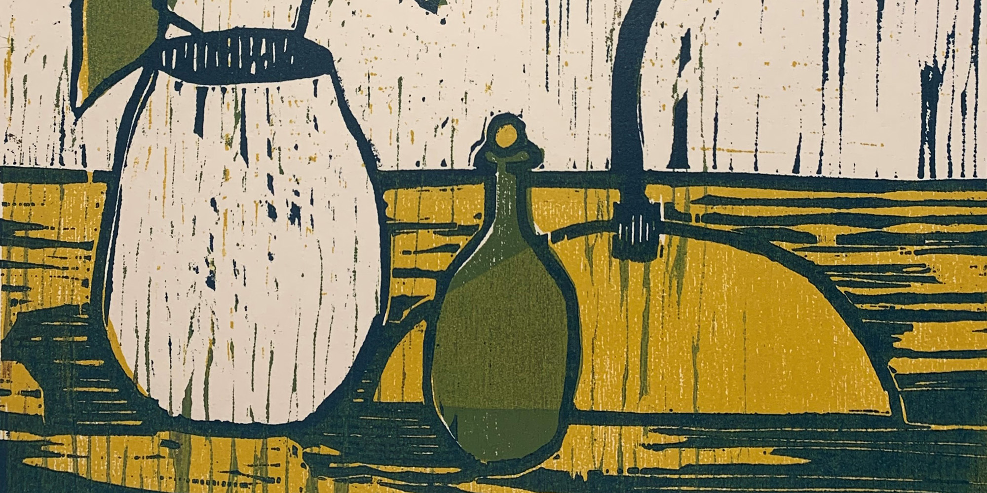 trætryk gul og grøn flaske og plante og lampe - marianne bastholm - Grafik kursus FOF i Randers