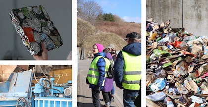 4 fotos fra rundvisning på Randers affaldsterminal 2023 alu og kartoner m.m.