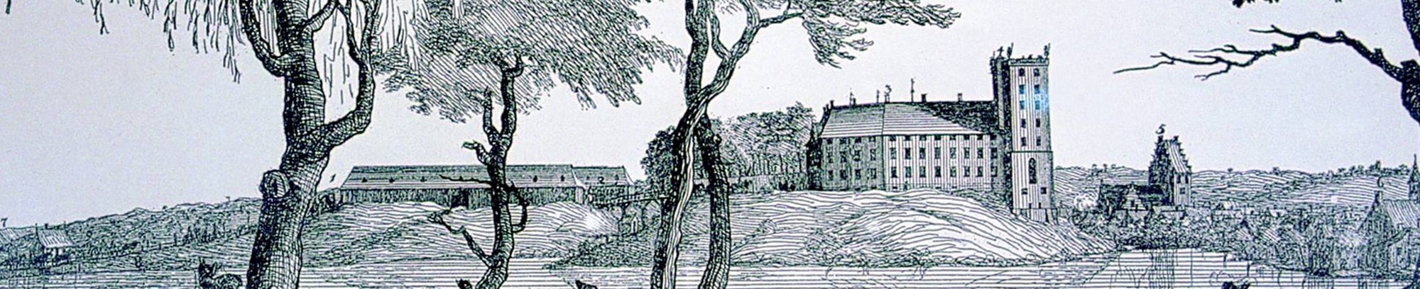 Kobberstik fra 1749, der viser, hvordan Koldinghus så ud fra Frederik 5.'s rundrejse. Lavet af den unge kaptajnløjtnant P. I. Grøndvold, og kobberstikket her viser vogntoget på vej op mod indkørslen til Staldgården.