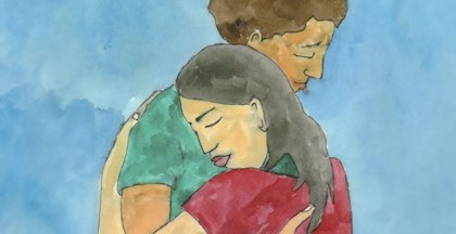 Akvarel maleri af et kærestepar der krammer