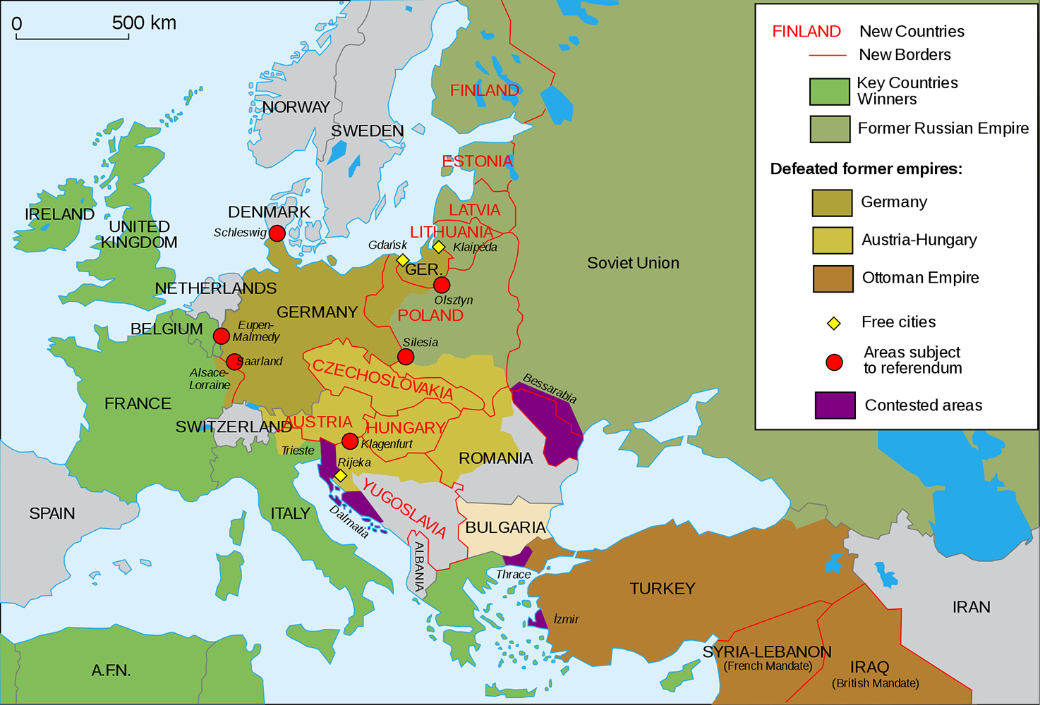 Europa kort med grænseændringer under Første Verdenskrig