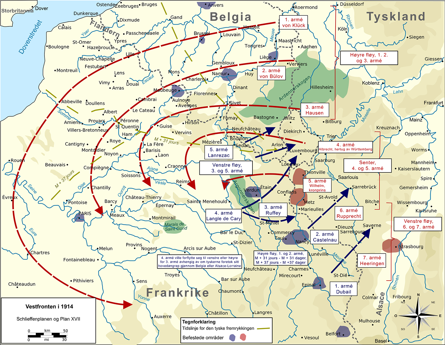 Kort over Schlieffenplanen ved Vestfronten i 1914