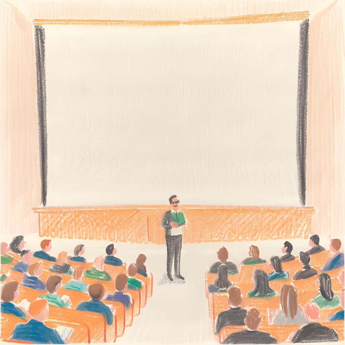 Tegning af en mand der holder foredrag