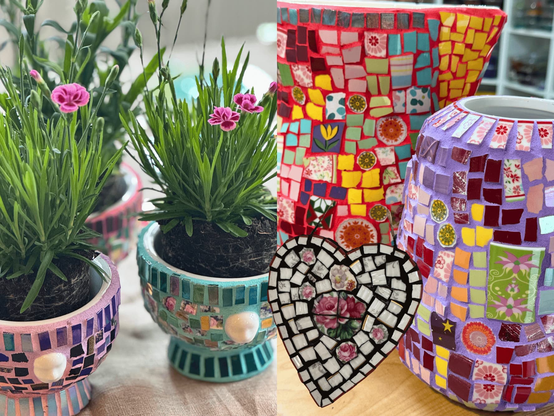 Krukker med mosaik på mosaik-kursus hos FOF København og Nordsjælland