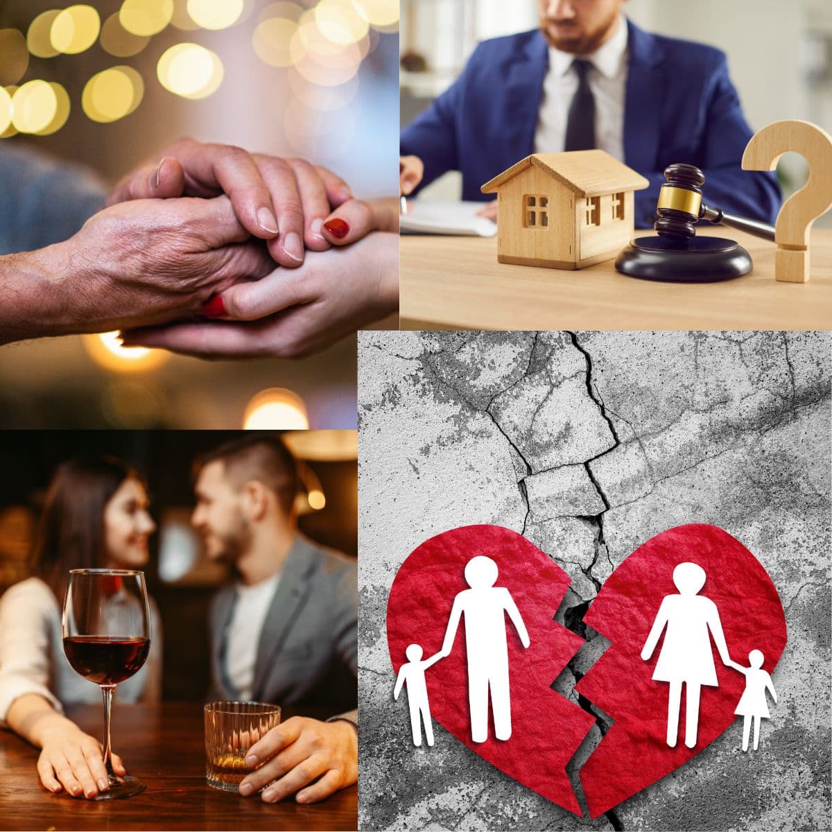 Collage med kærlighed, samliv, skilsmisse 