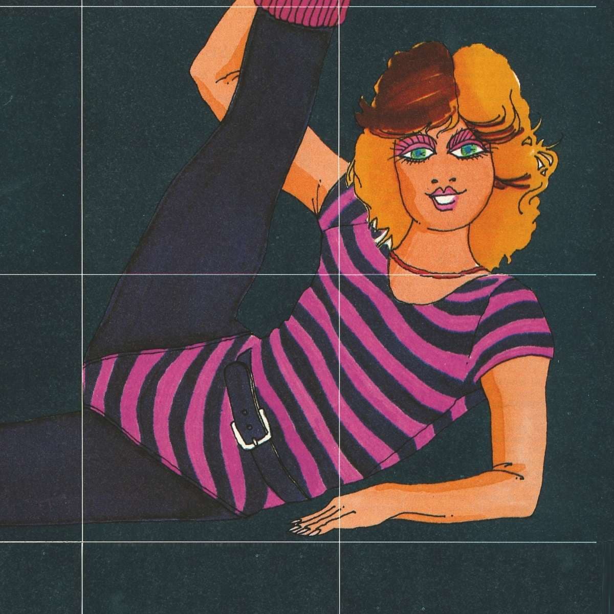 Tegning af kvinde på motionskursus i 1980'erne i FOF Aarhus