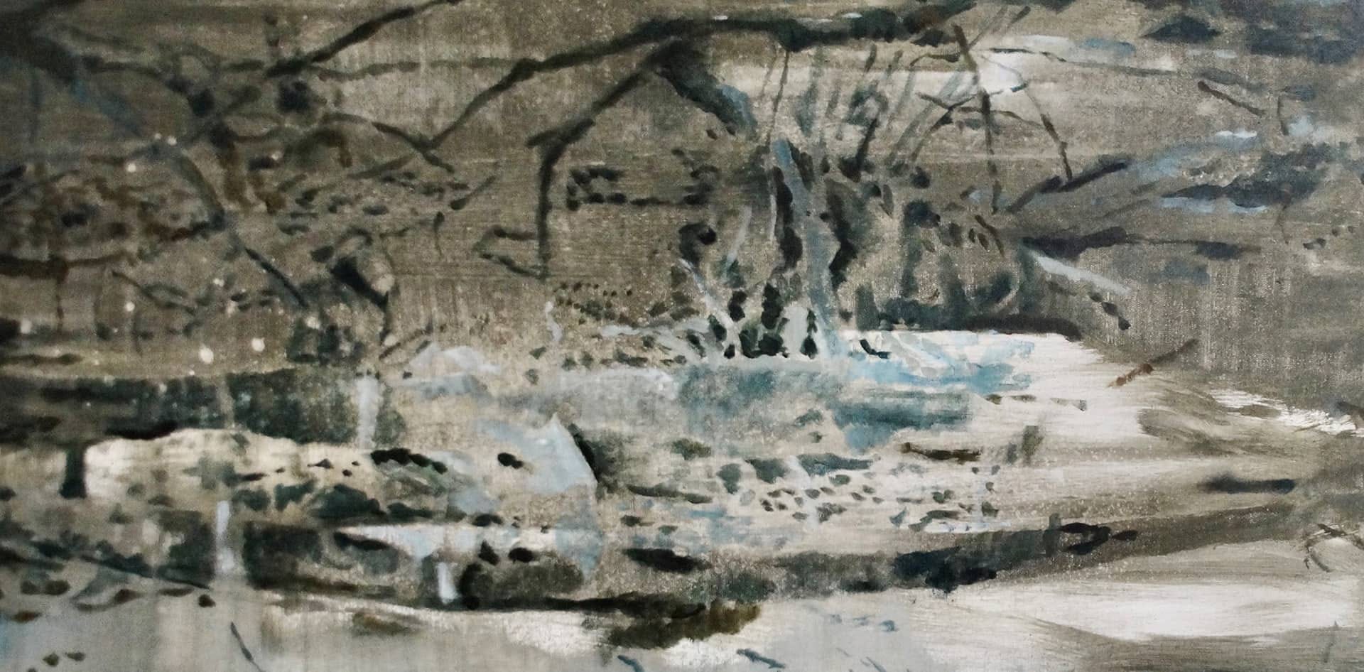 Akrylmaleri med grå og brune nuancer til kursus i FOF Aarhus: akrylmaling - begyndere og letøvede