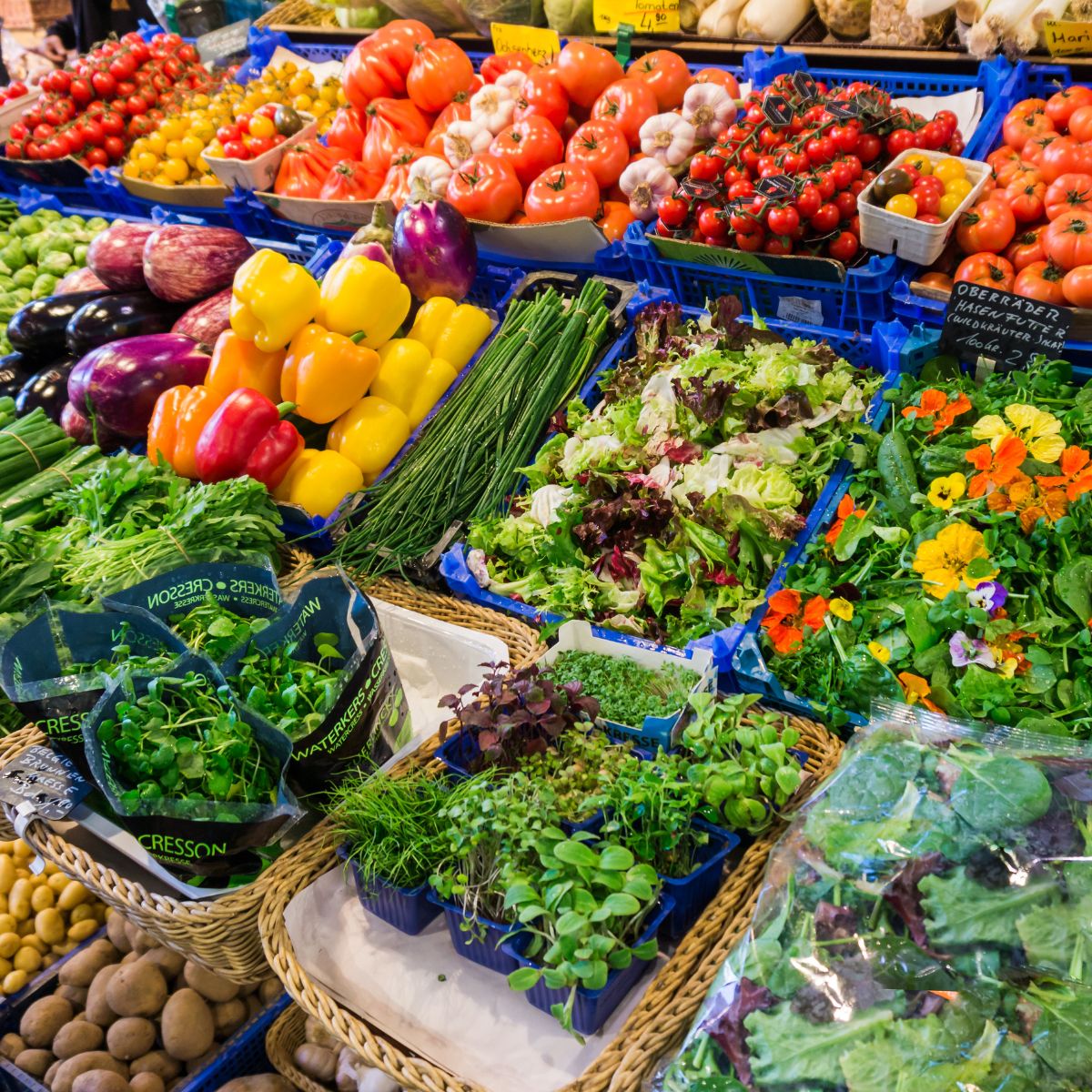 Farverige og eksotiske frugter og grøntsager fra et latinamerikansk marked.