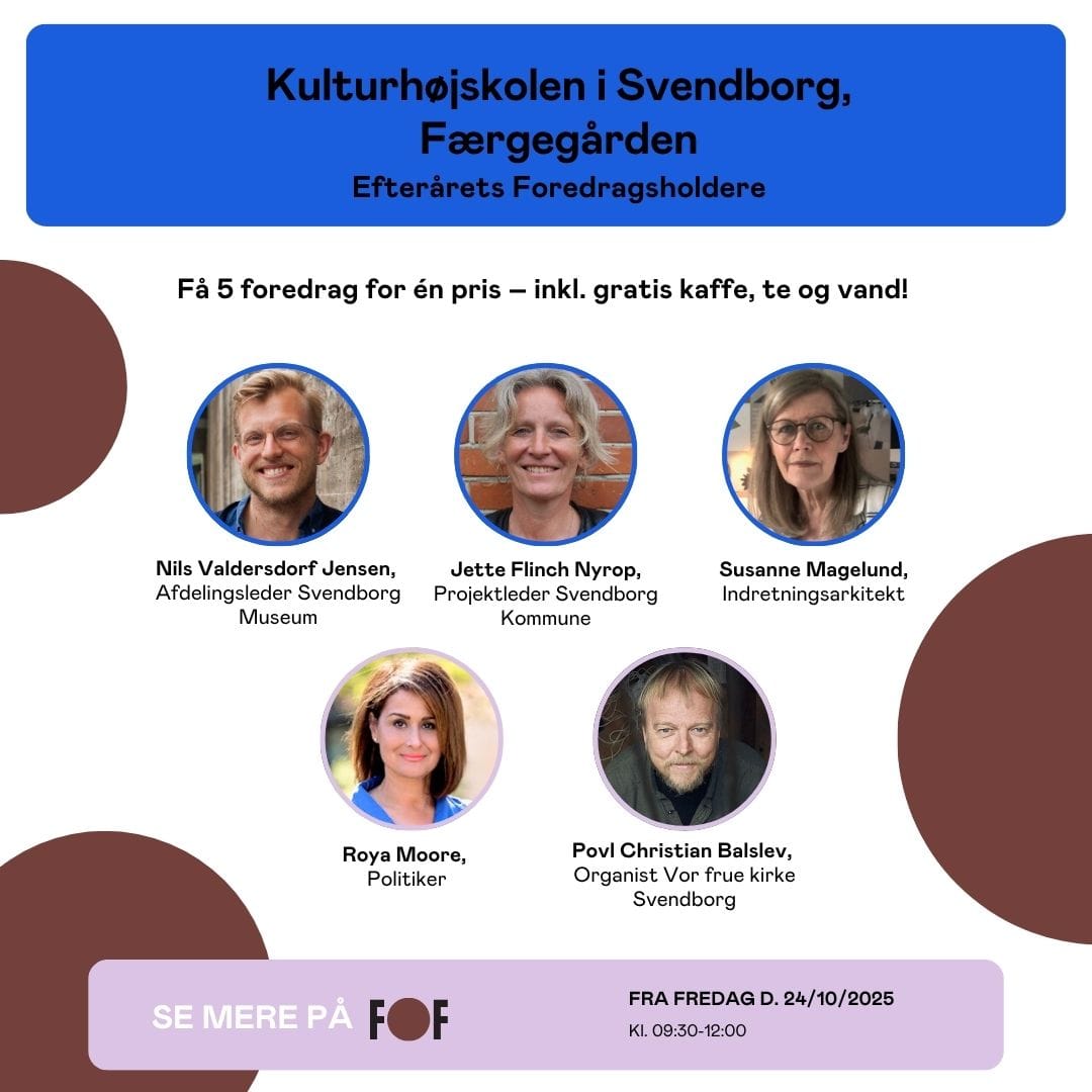Plakat af de 5 foredragsholdere på kulturhøjskolen i Svendborg efterår