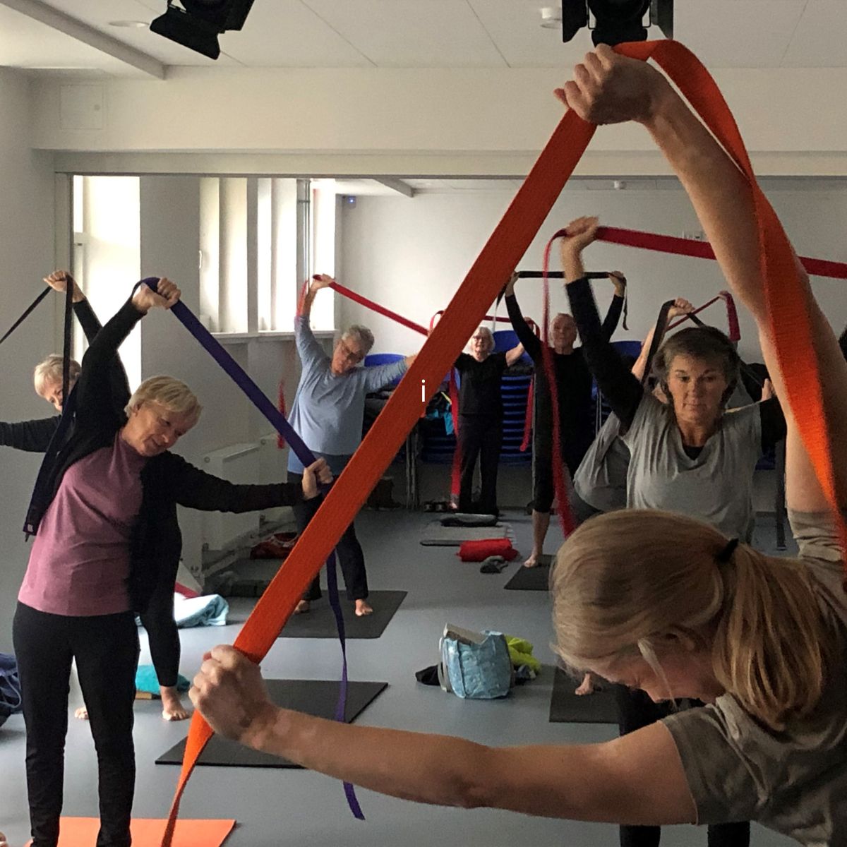 Deltagere på glad bevægelse-hold styrker muskler og balance til musik. Instruktør guider gruppen gennem øvelser med smil og energi. Glade deltagere laver udstrækning og afspænding i gymnastiksal.