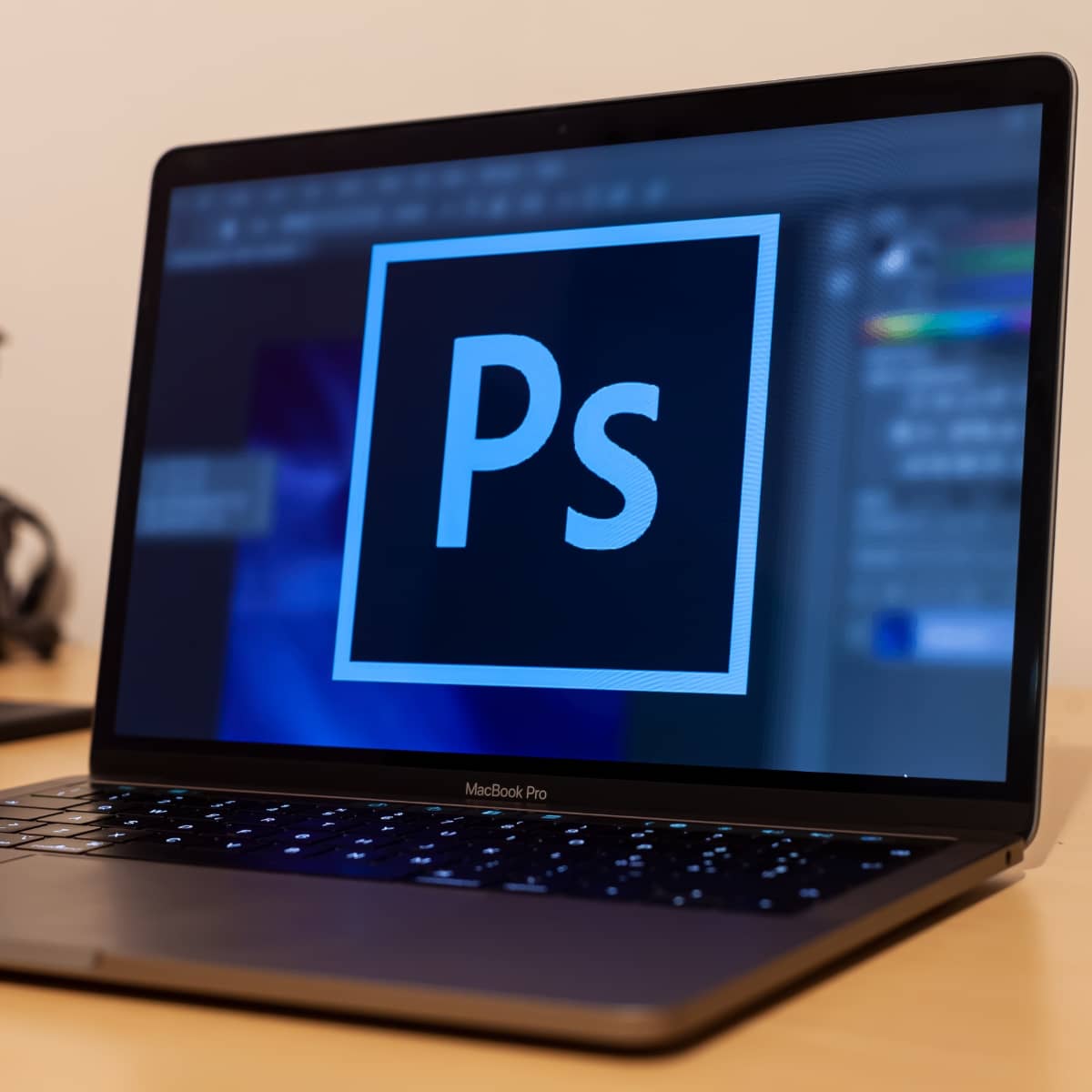 Redigeringsprogrammet Photoshop på en computer til kursus i FOF Aarhus