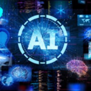 Grafisk collage med AI-ikon og digitale elementer, der illustrerer kunstig intelligens