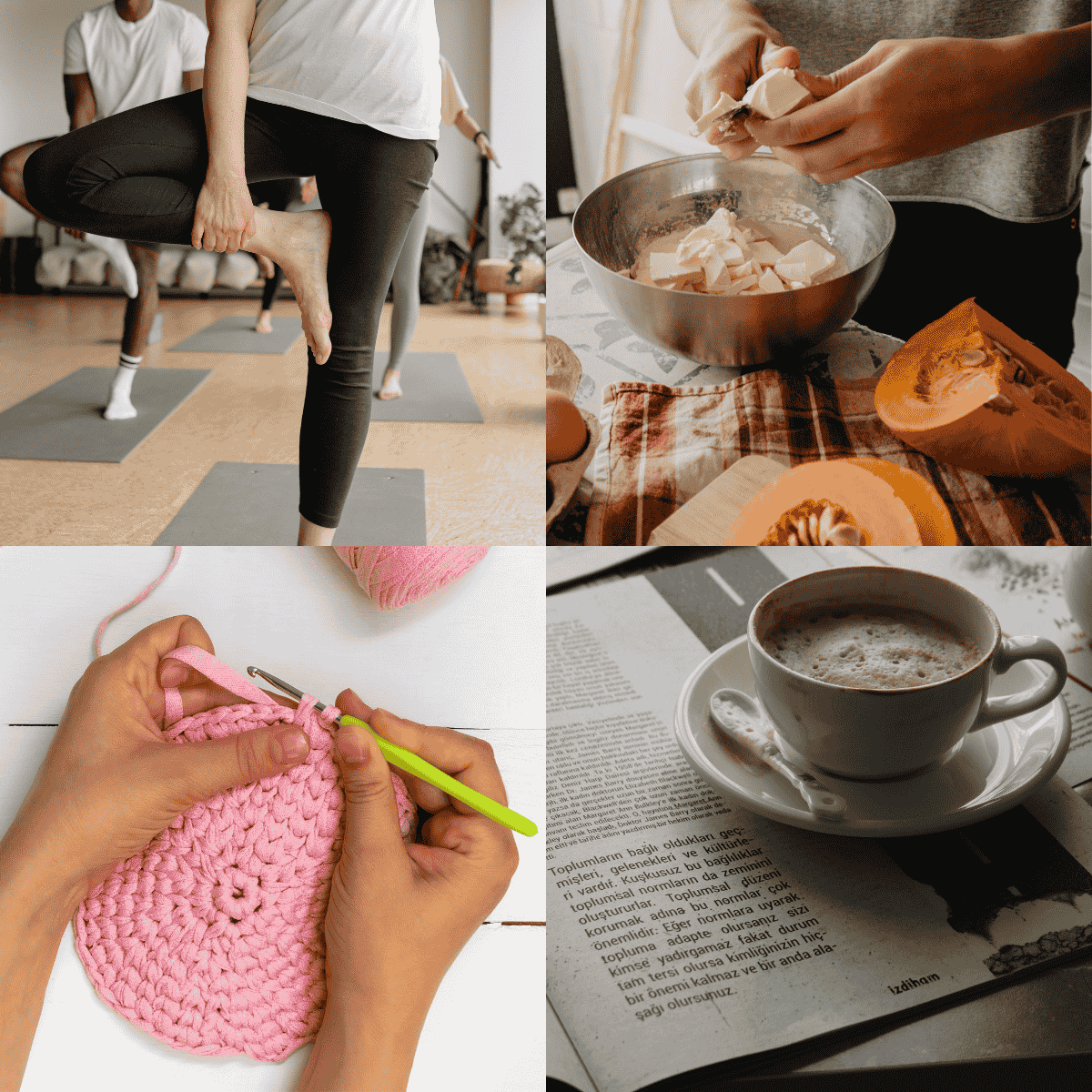 Collage med yoga, madlavning, hækling og en kop kaffe | Inspirations univers i FOF Aarhus