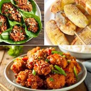 Asiatisk street food med thai-wraps, taiwansk popcorn chicken og karamelliserede bananer.