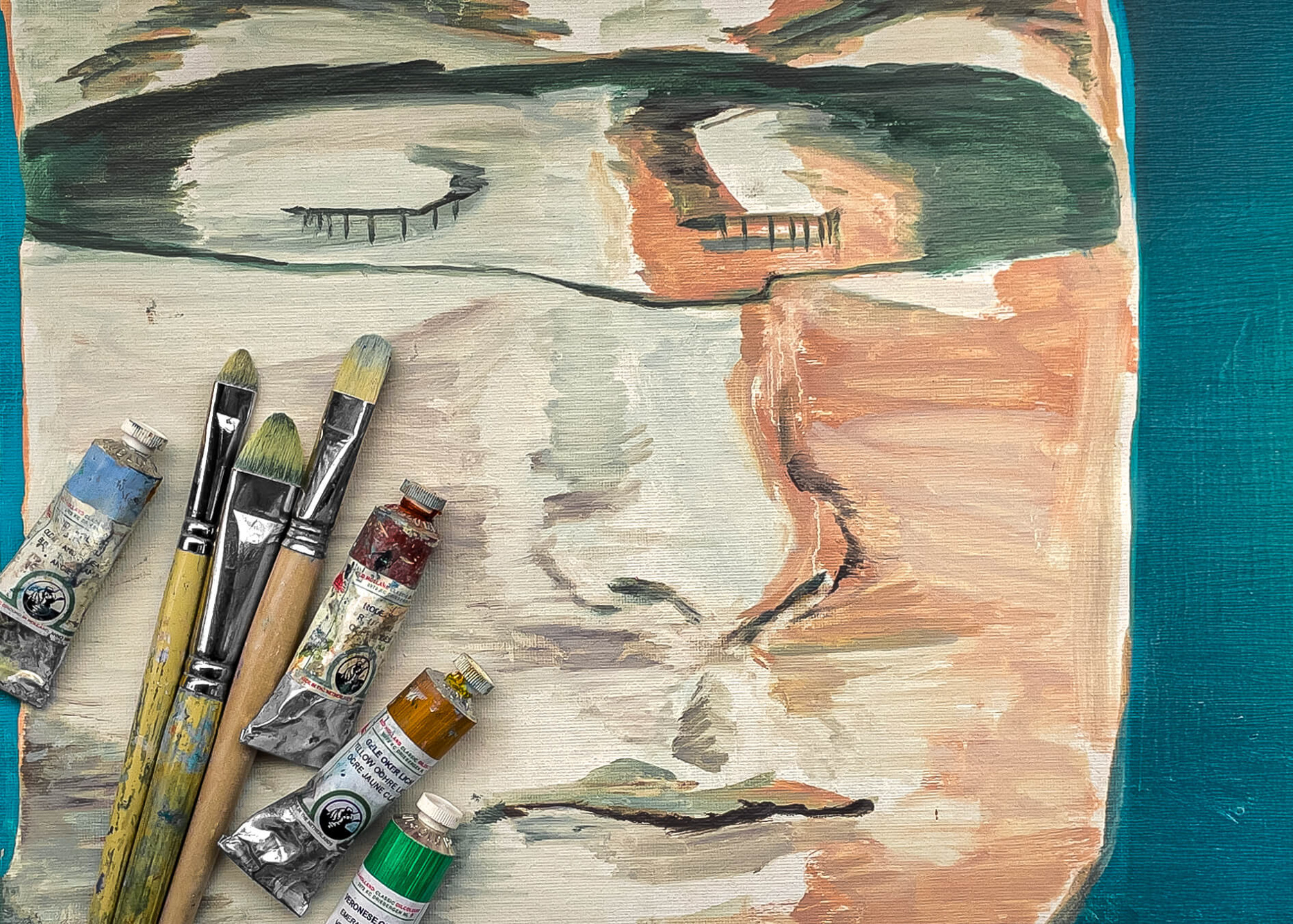 Deltager maler portræt med akryl og blyant på staffeli