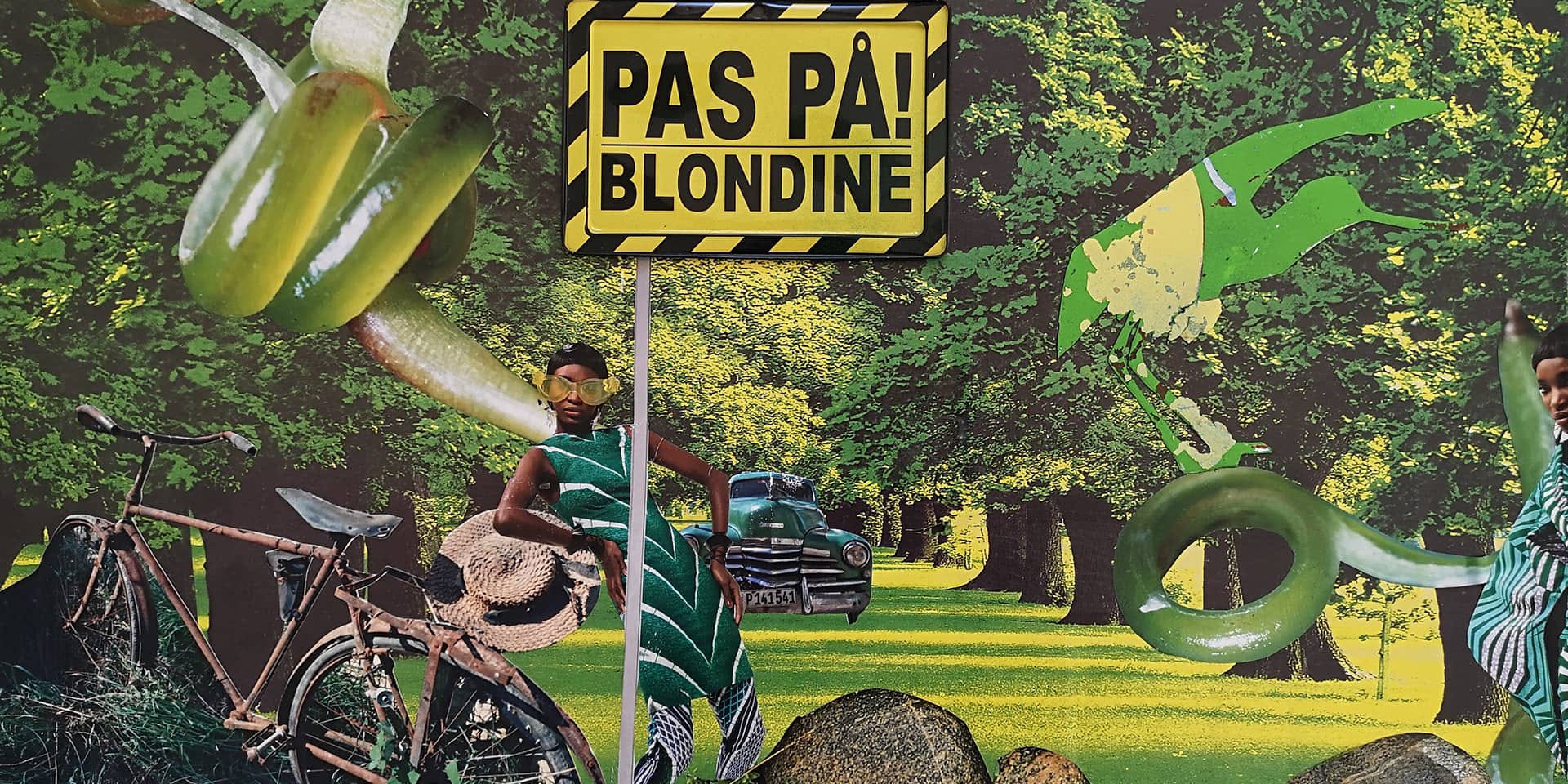Collage med tekst "pas på! blondine", en bil og grønt fra collagekursus i FOF Aarhus. Weekendkursus.