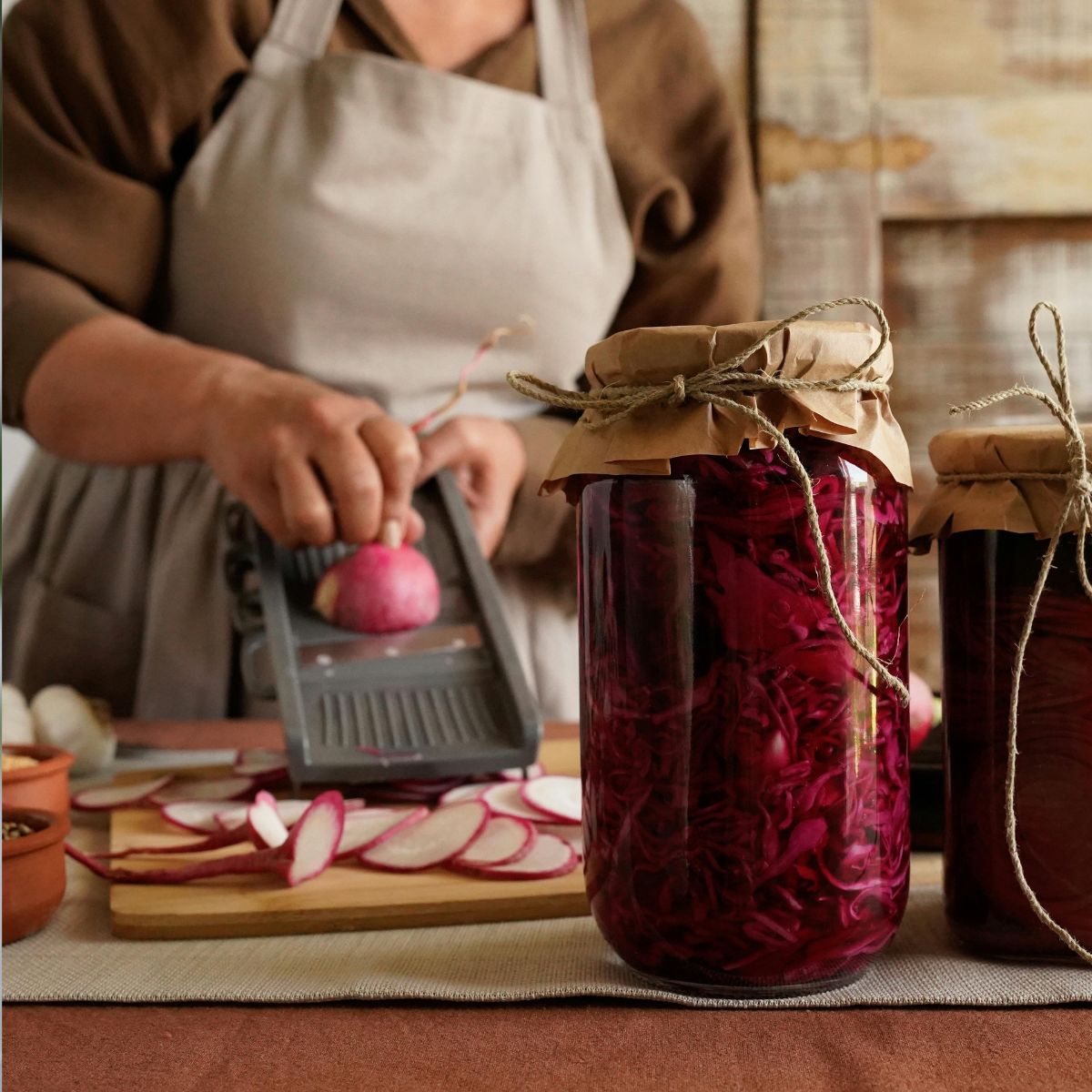 Person laver kål i et fermenteringsglas