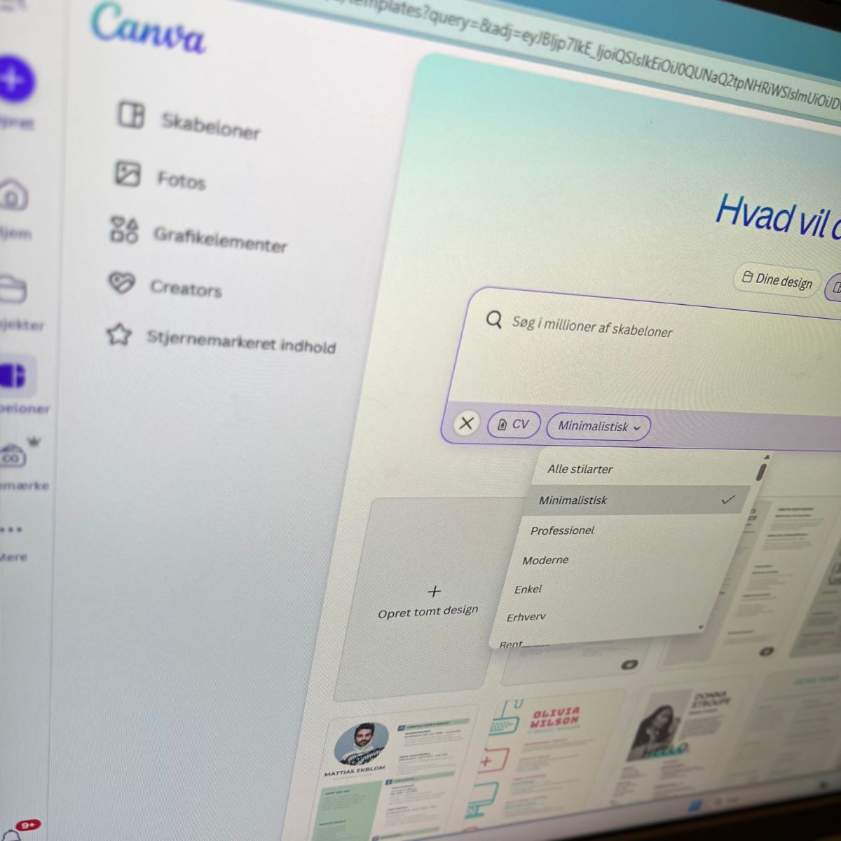 Billede af canva's forside, inspiration til CV'er