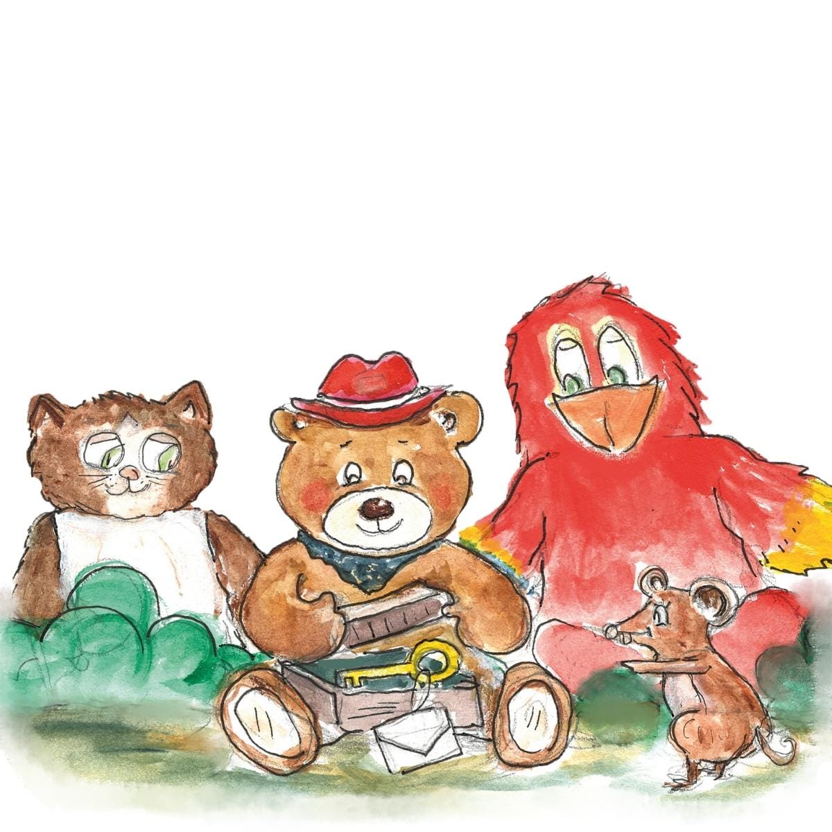 Illustration af tøjdyrene Tulle og Skralle sammen med Bamse