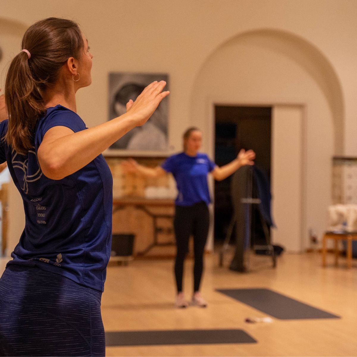 Deltagere i gang med træning med fokus på styrke og kropsholdning.