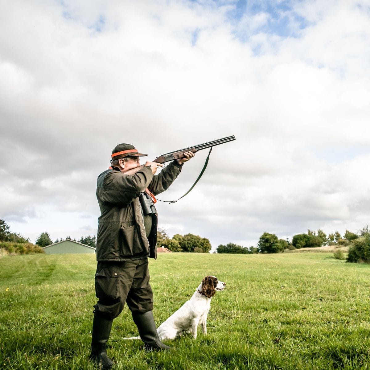 Jæger sigter med jagtgevær på grøn mark. Han har sin hun ved sin side.