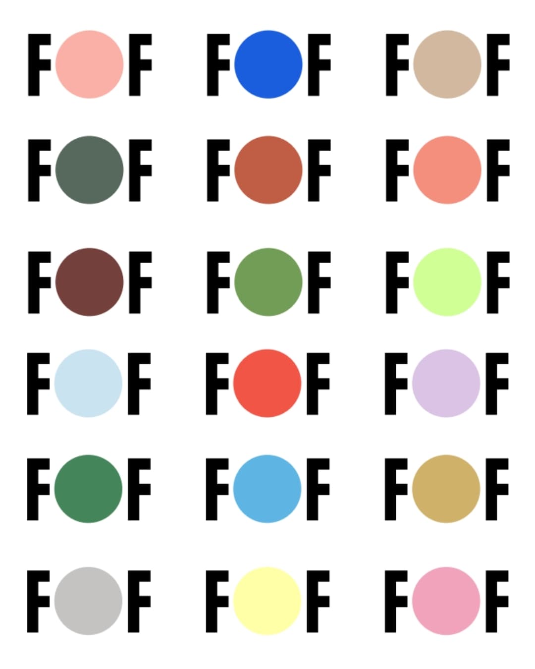 FOF's nye logo i 18 forskellige farver