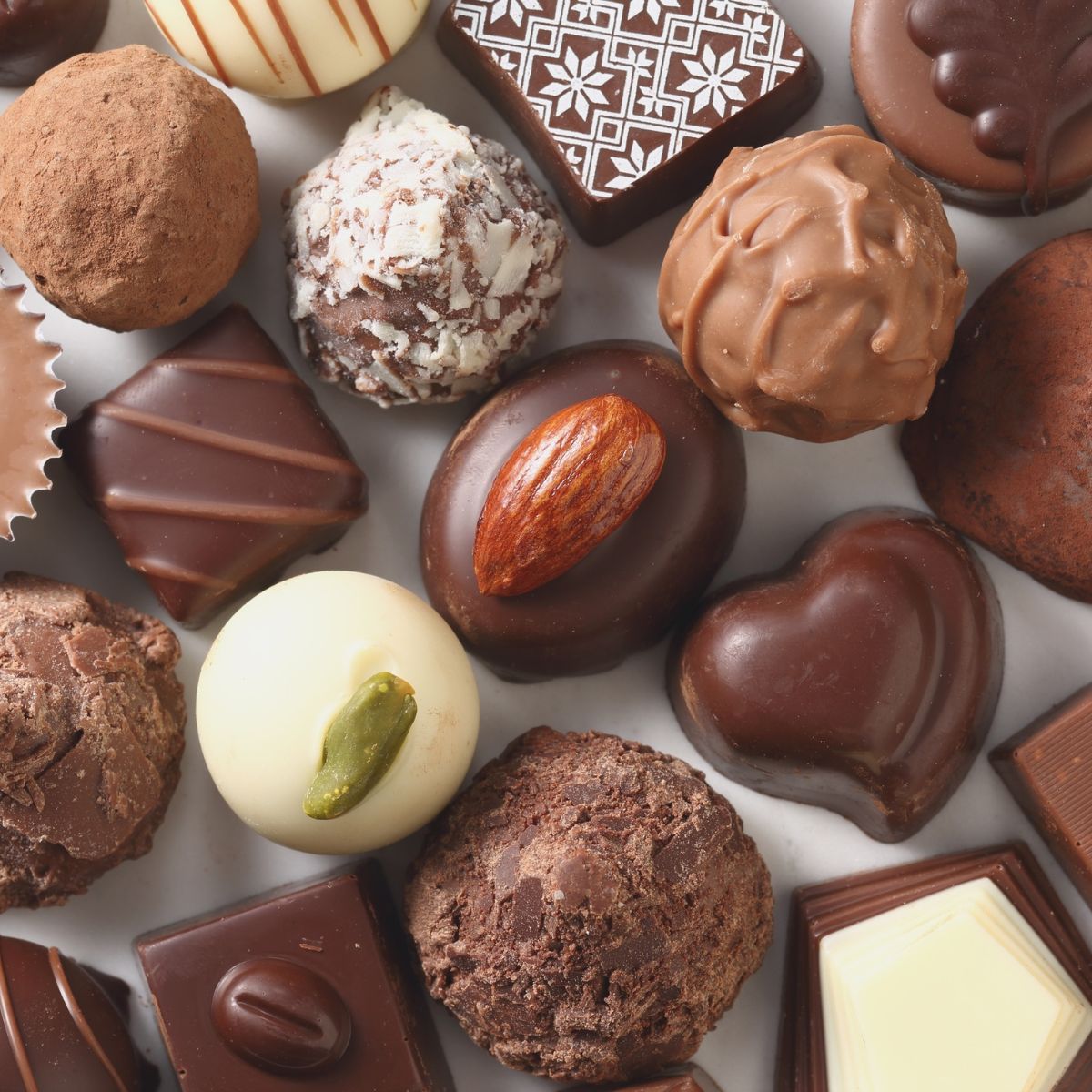 Håndlavede fyldte chokolader med chokolade, karamel, kokos og kakao.