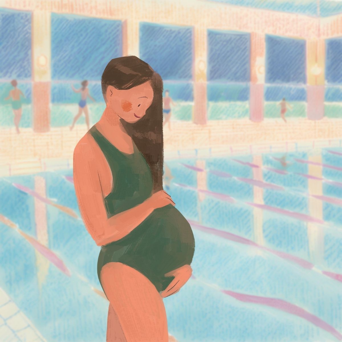 tegning af en gravidkvinde i en svømmehal