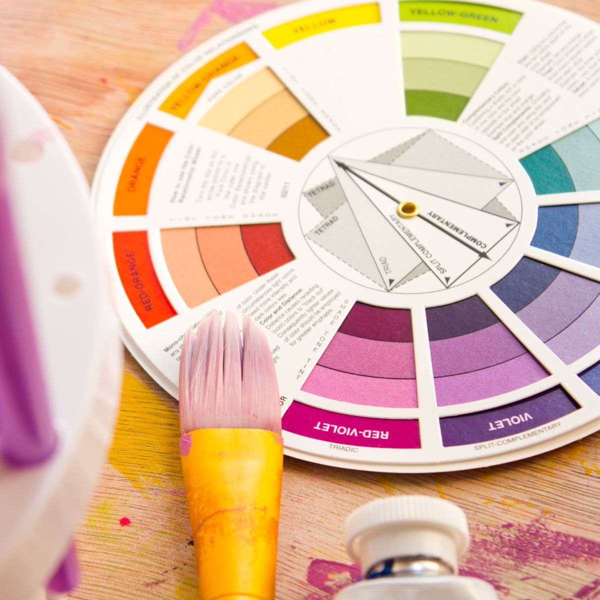Grundfarver og farvecirkel brugt i praktisk farvelære.